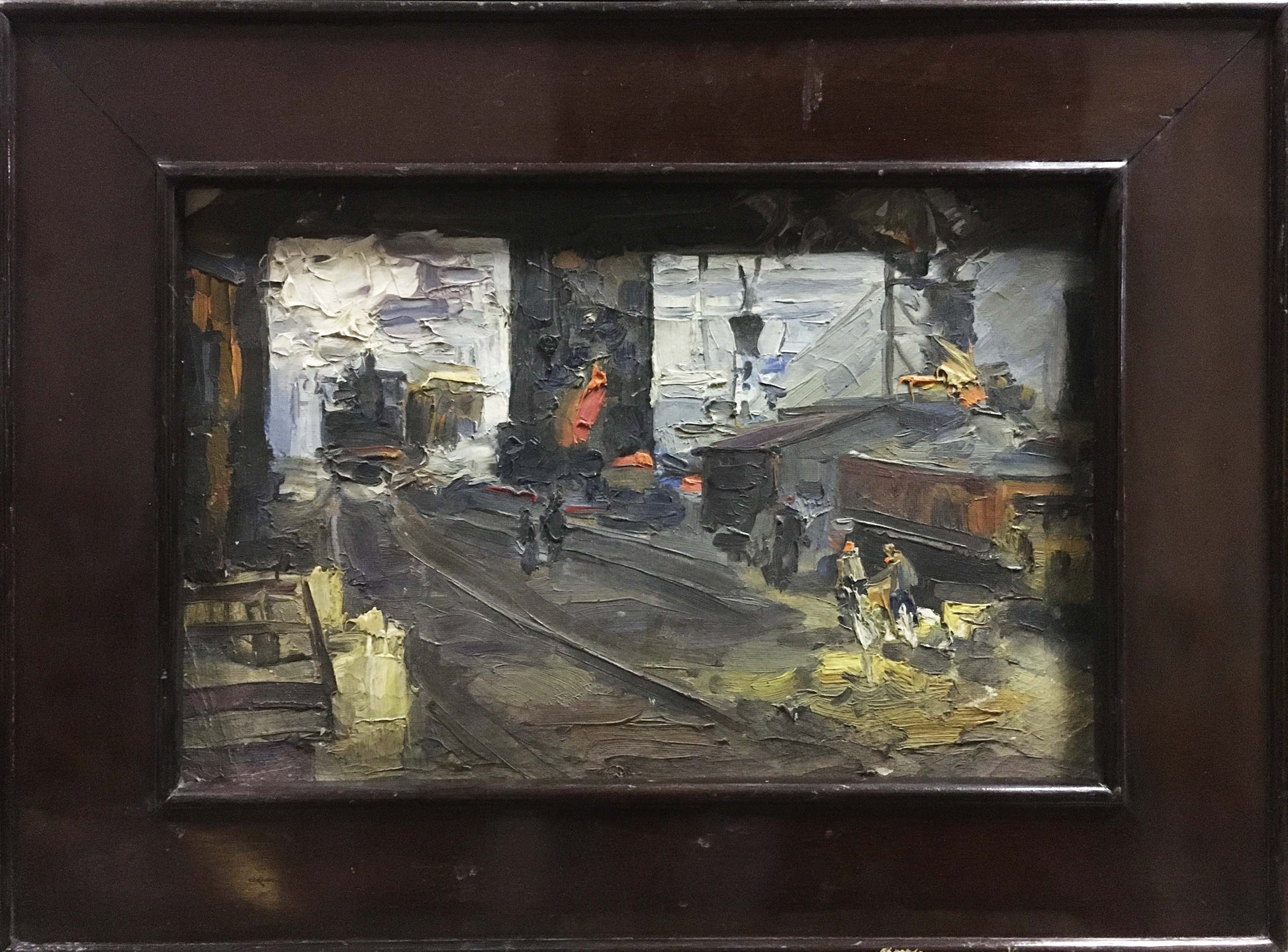 Oil painting At the station in dark wooden frame, textured industrial scene