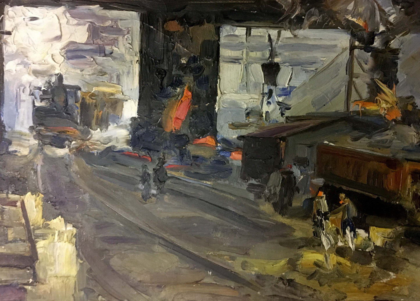 Oil painting At the Station: dimly lit industrial interior in grays, orange