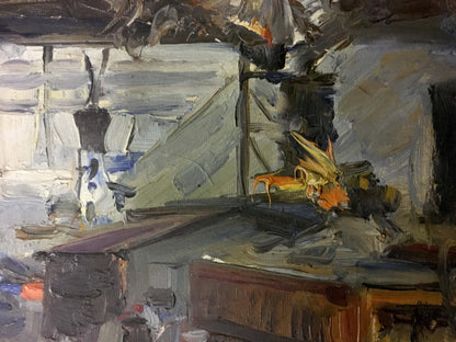Impressionistic oil painting At the Station by unknown artist, dimly lit interior