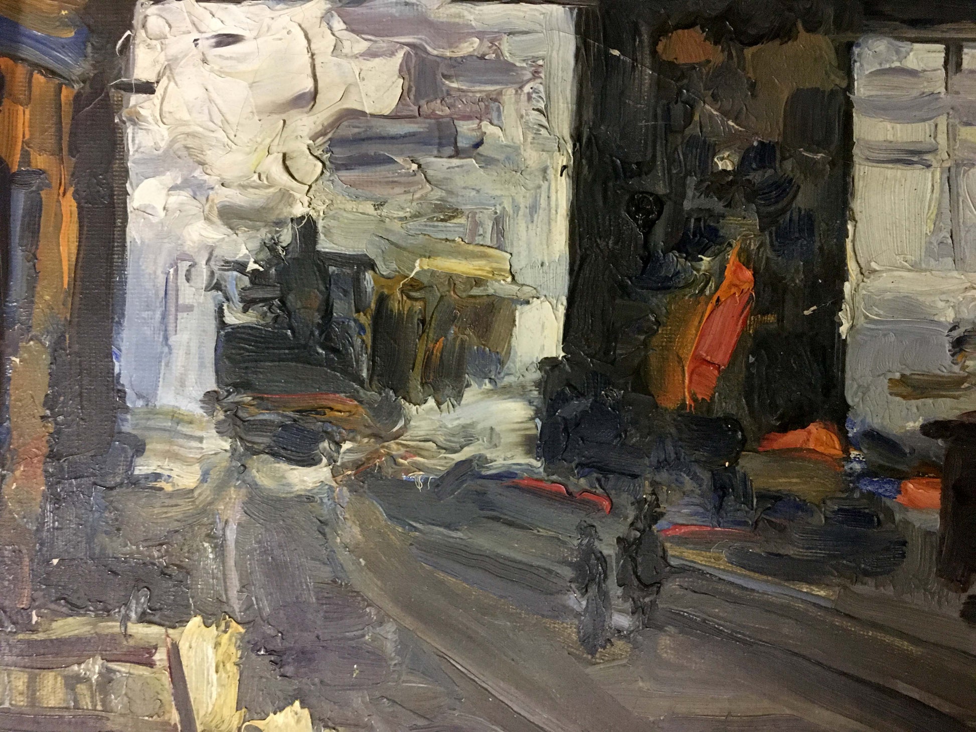 Abstract oil painting At the station with textured grays, orange accents