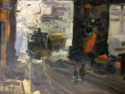 Abstract oil painting At the station with textured grays, orange accents