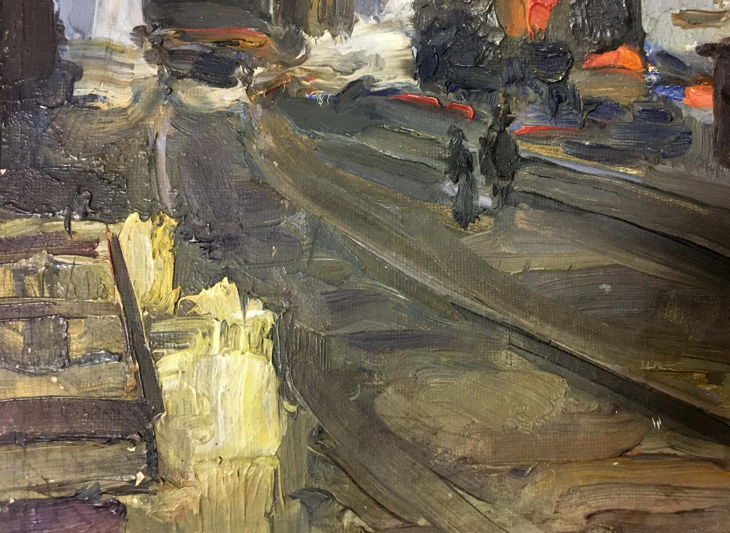 Oil painting At the station: dimly lit industrial scene in dark earthy tones