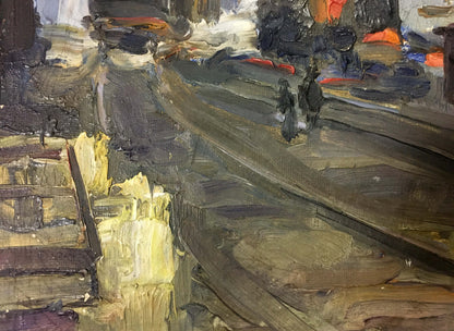 Oil painting At the station: dimly lit industrial scene in dark earthy tones