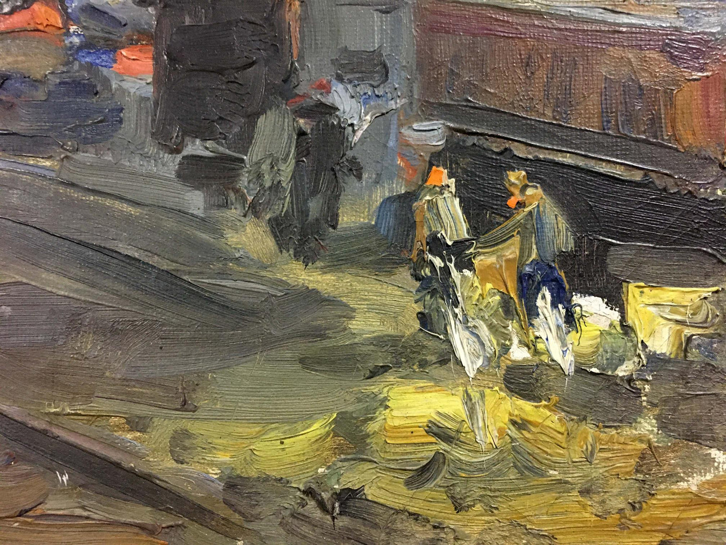 Oil painting At the Station street scene with bold brushstrokes