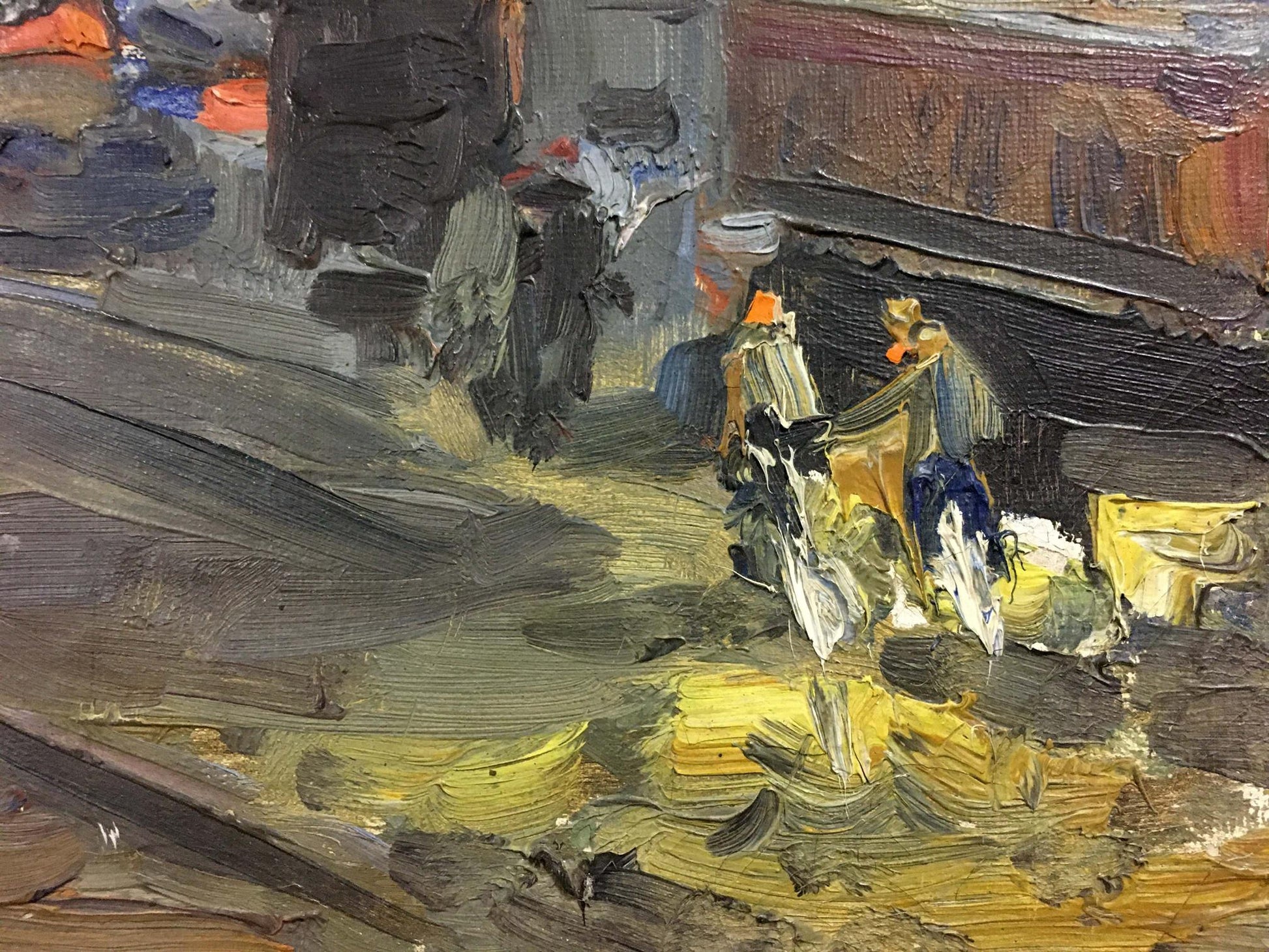 Oil painting At the Station street scene with bold brushstrokes