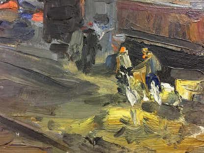 Oil painting At the Station street scene with bold brushstrokes
