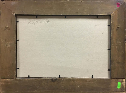 Back of rustic wooden framed oil painting At the station with white canvas and handwritten dimensions
