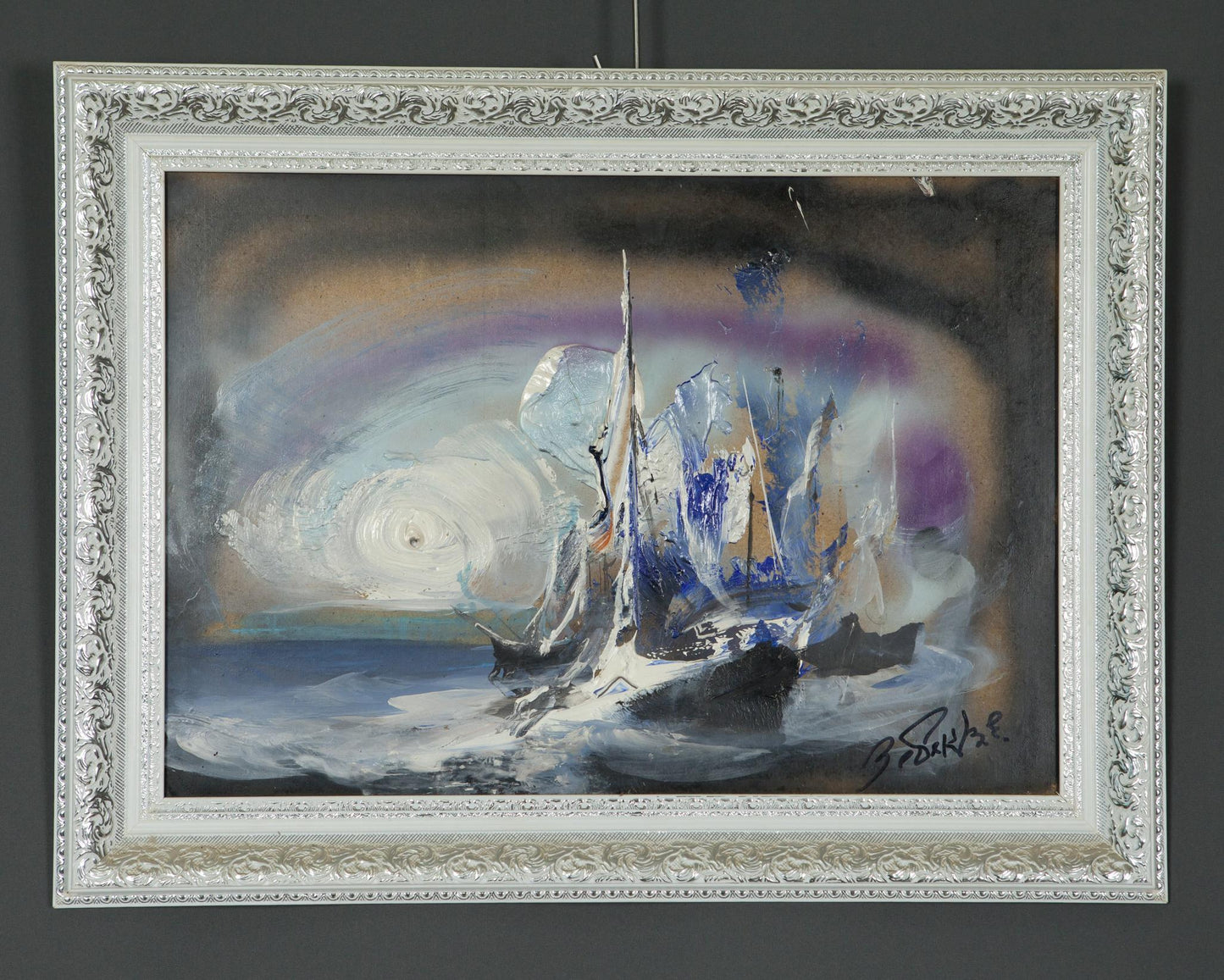 Oil painting Ship at Sea by Zebek Vladimir Evgenievich in ornate silver frame
