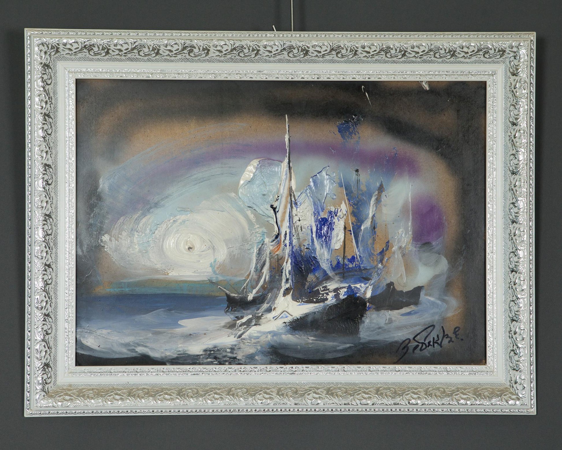Oil painting Ship at Sea by Zebek Vladimir Evgenievich in ornate silver frame
