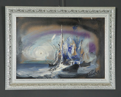 Oil painting Ship at Sea by Zebek Vladimir Evgenievich in ornate silver frame