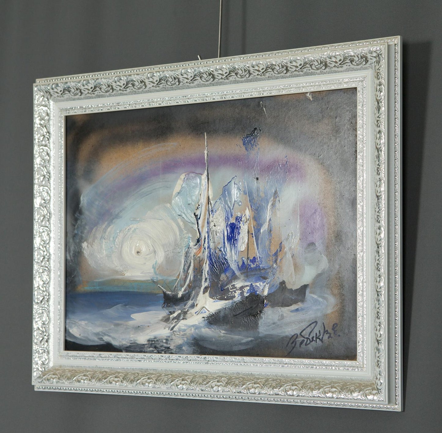 Silver ornate frame with Oil painting Ship at sea Zebek by Vladimir Evgenievich
