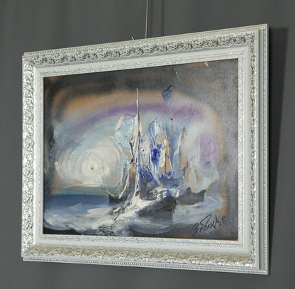 Silver ornate frame with Oil painting Ship at sea Zebek by Vladimir Evgenievich