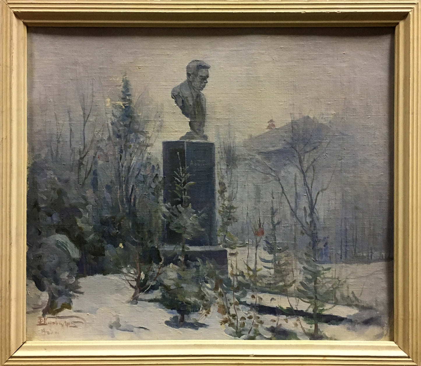Bronze bust of Konovalyuk Fedor Zotikovich on snowy pedestal