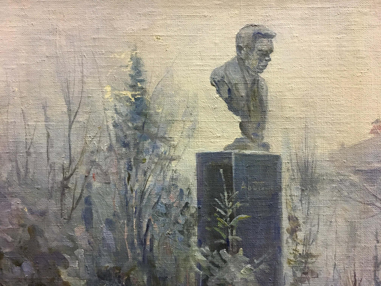 Oil painting of dark gray stone bust of man on pedestal by Konovalyuk Fedor Zotikovich