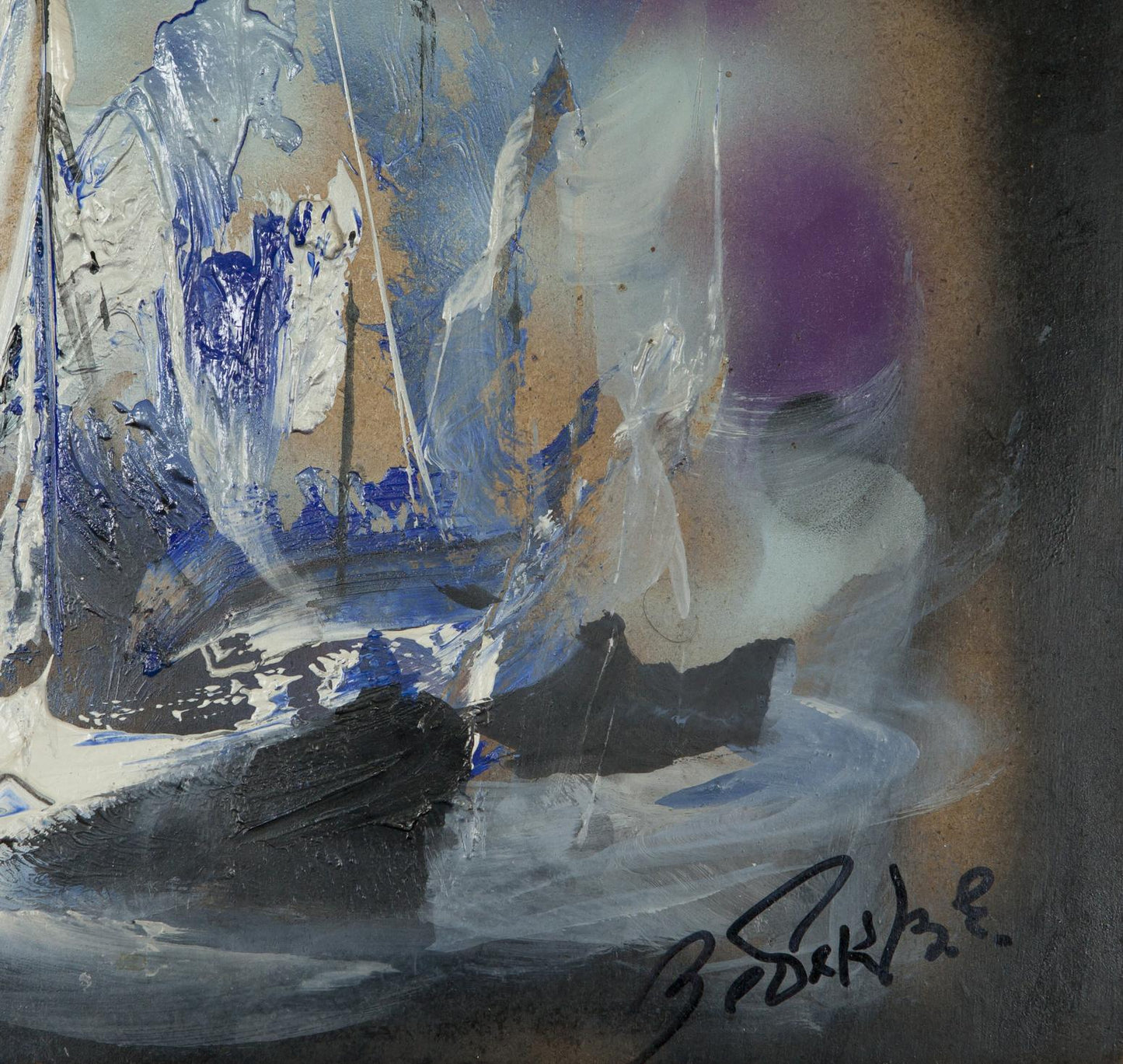 Abstract blue white black oil painting of ship at sea by Vladimir Evgenievich
