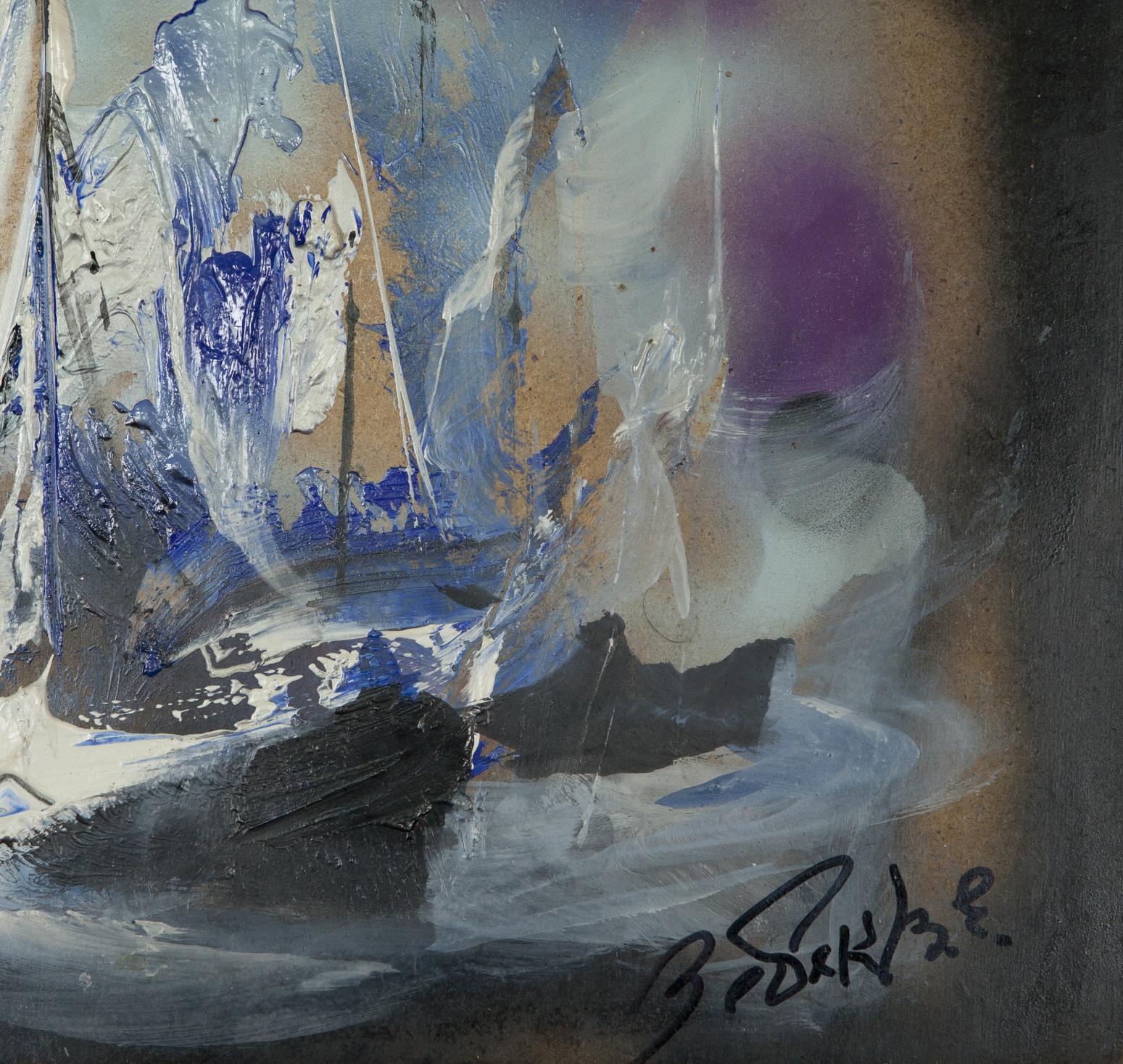 Abstract blue white black oil painting of ship at sea by Vladimir Evgenievich