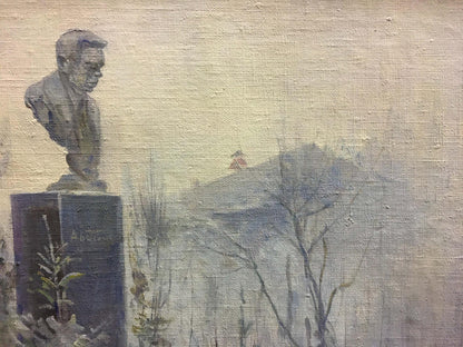 Dark gray stone bust of man on black pedestal, Konovalyuk Fedor Zotikovich monument