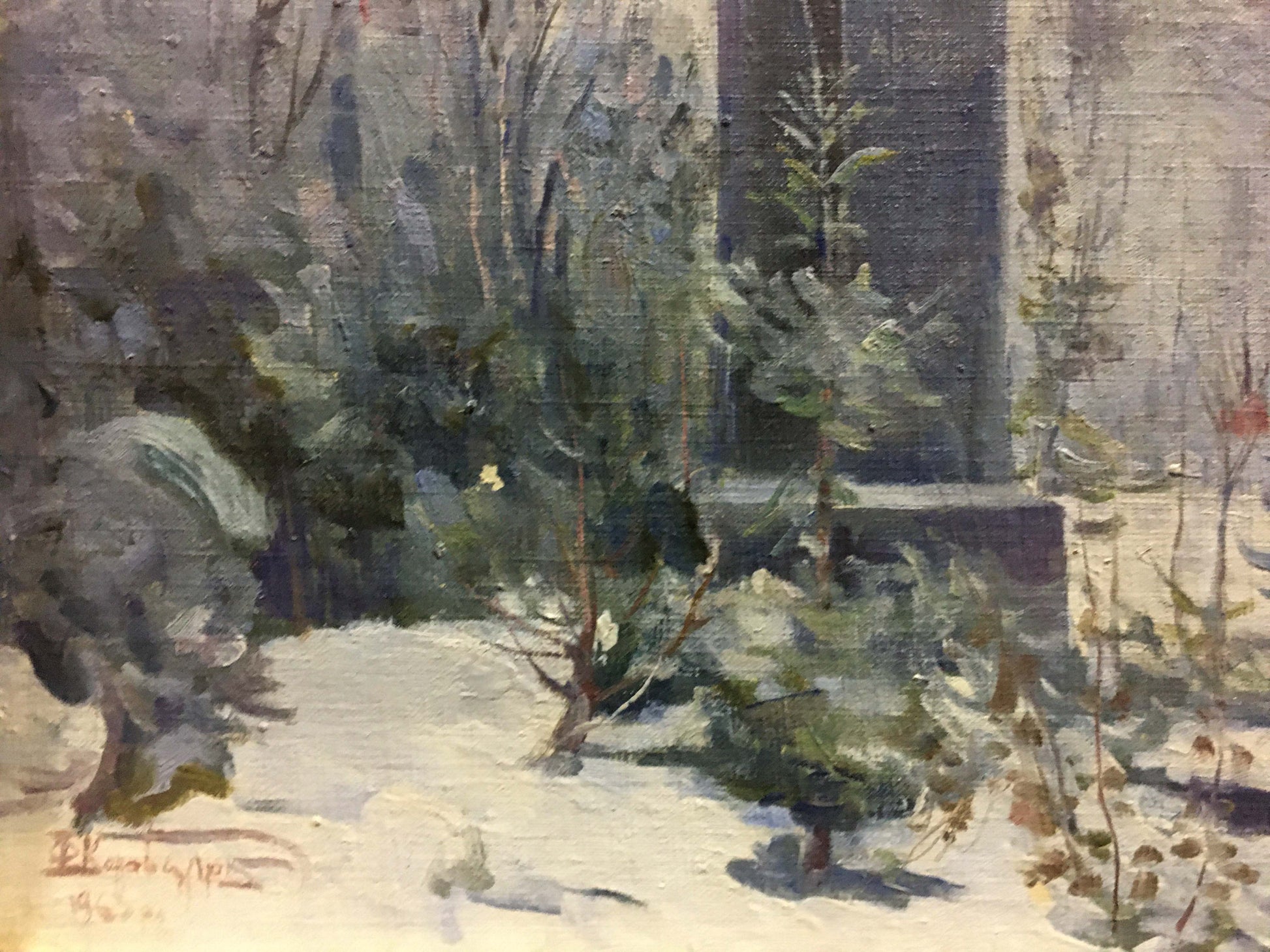 Textured oil painting of snowy garden by Konovalyuk Fedor Zotikovich