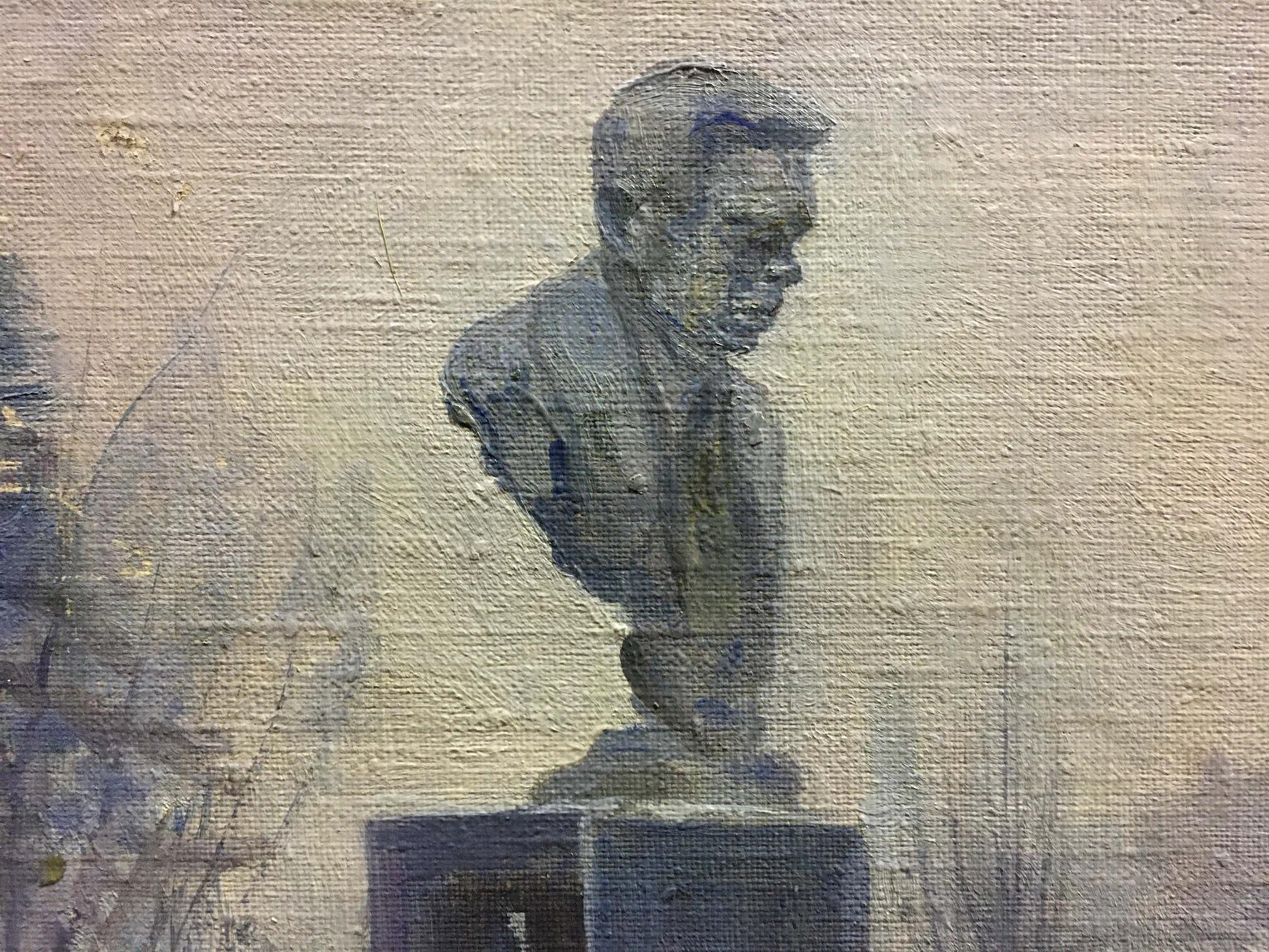 Textured impressionistic oil painting of Konovalyuk Fedor Zotikovich Monument to the Bogomolets dark male bust sculpture on pedestal