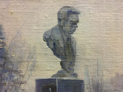Textured impressionistic oil painting of Konovalyuk Fedor Zotikovich Monument to the Bogomolets dark male bust sculpture on pedestal