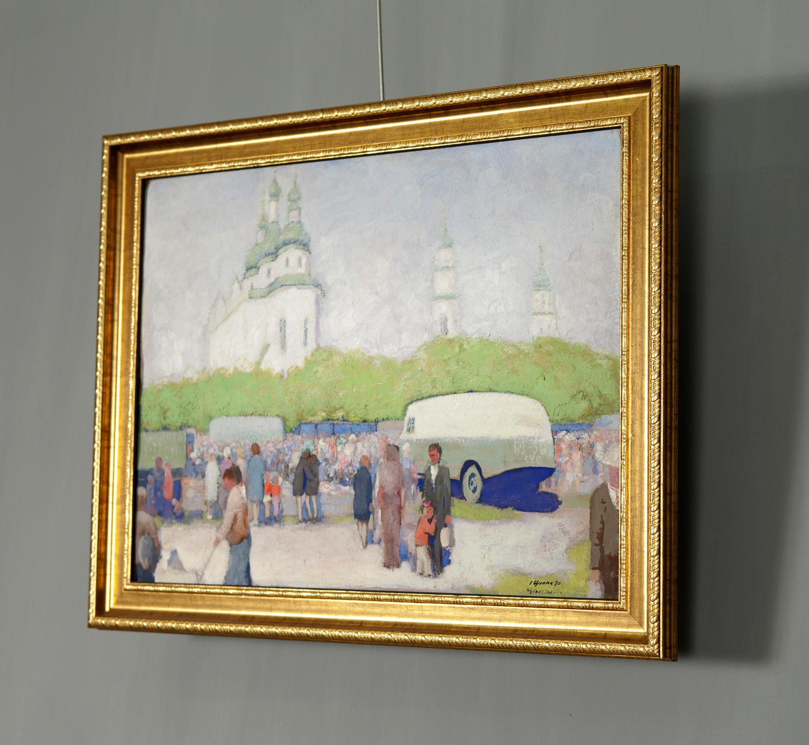 Oil painting At the Old Fair by Ivan Tsyupka in gold frame