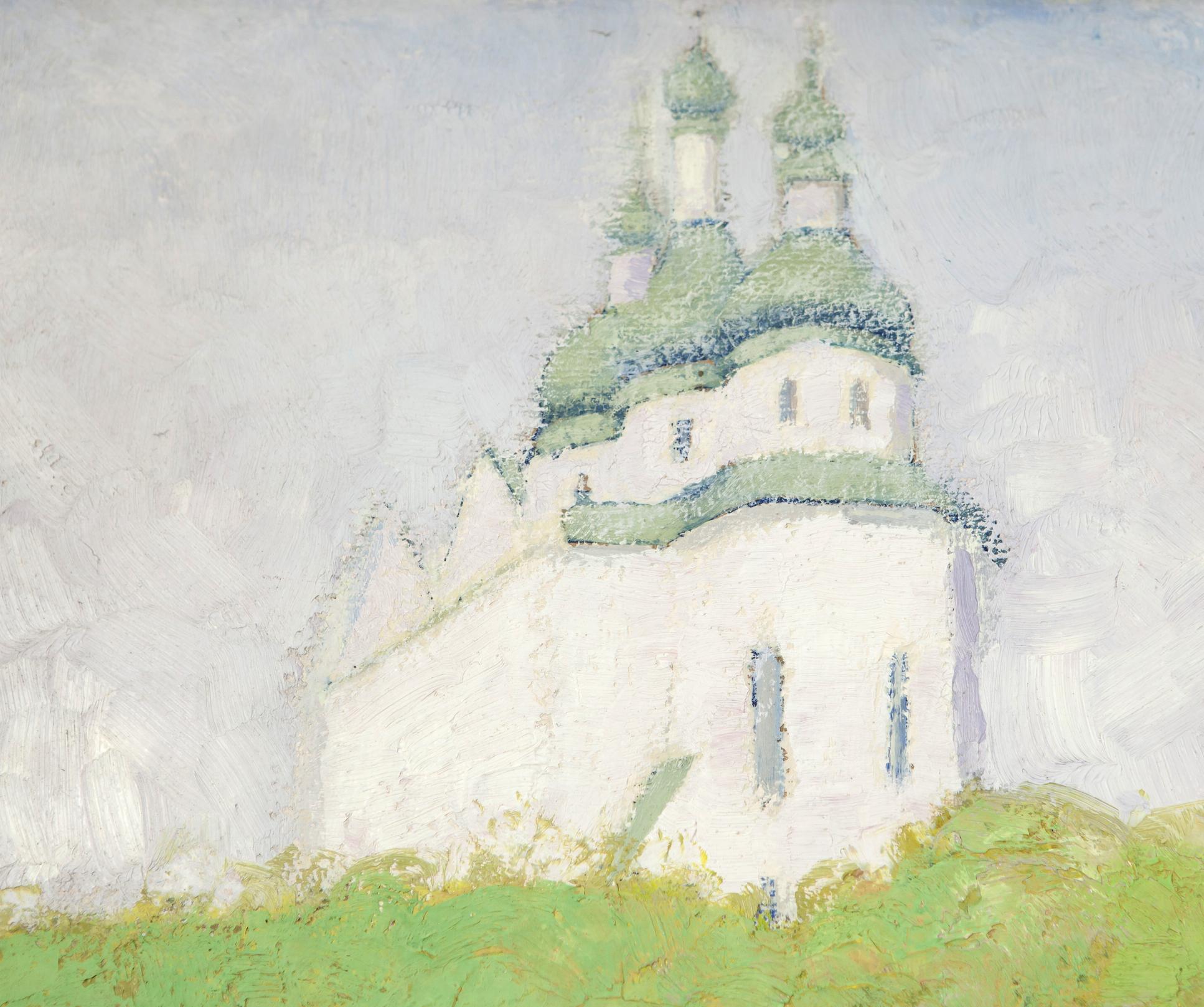Impressionistic oil painting of white church with green onion domes by Ivan Tsyupka