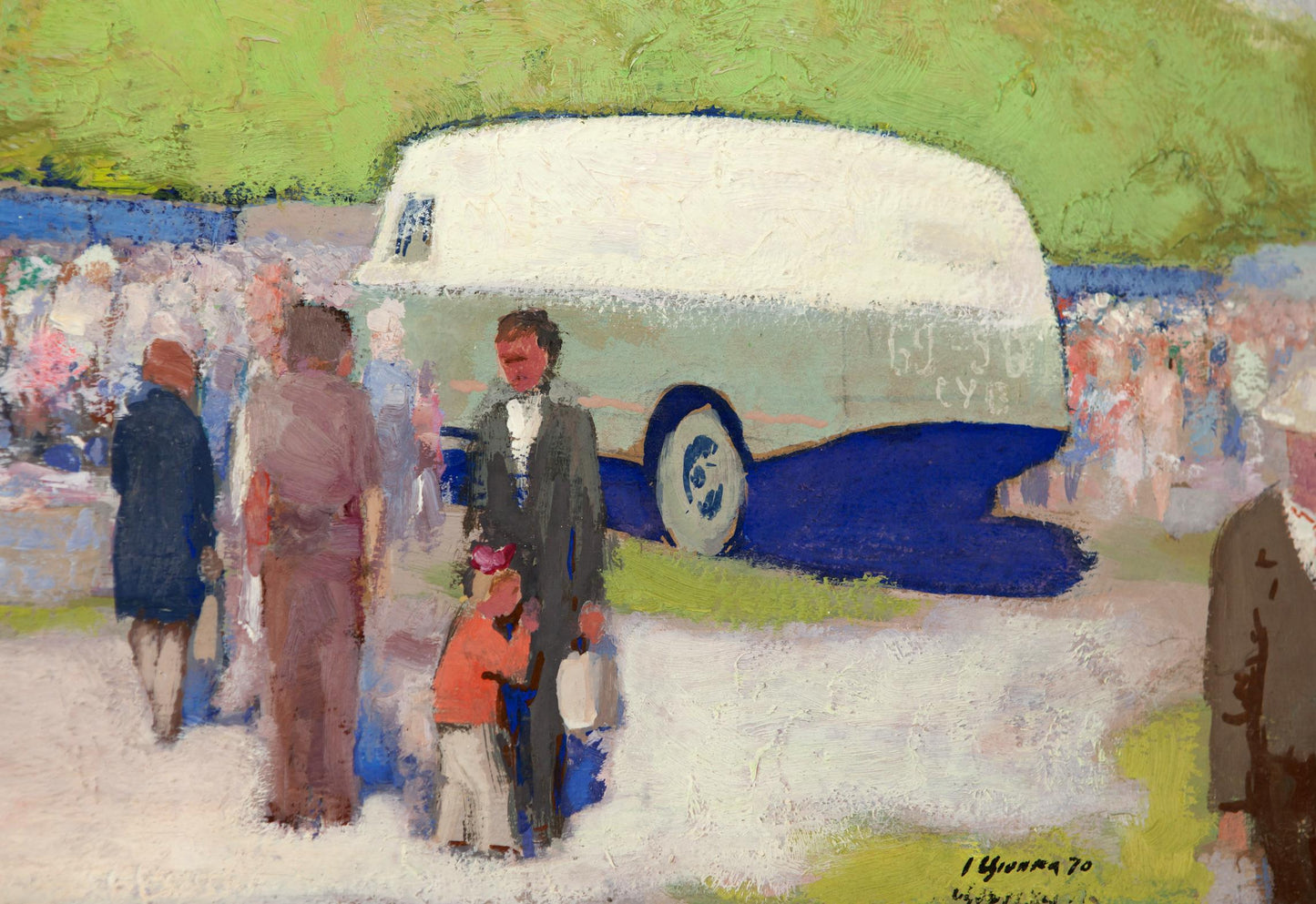 Oil painting of white and blue vintage van at old fair by Ivan Tsyupka