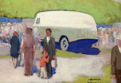 Oil painting of white and blue vintage van at old fair by Ivan Tsyupka