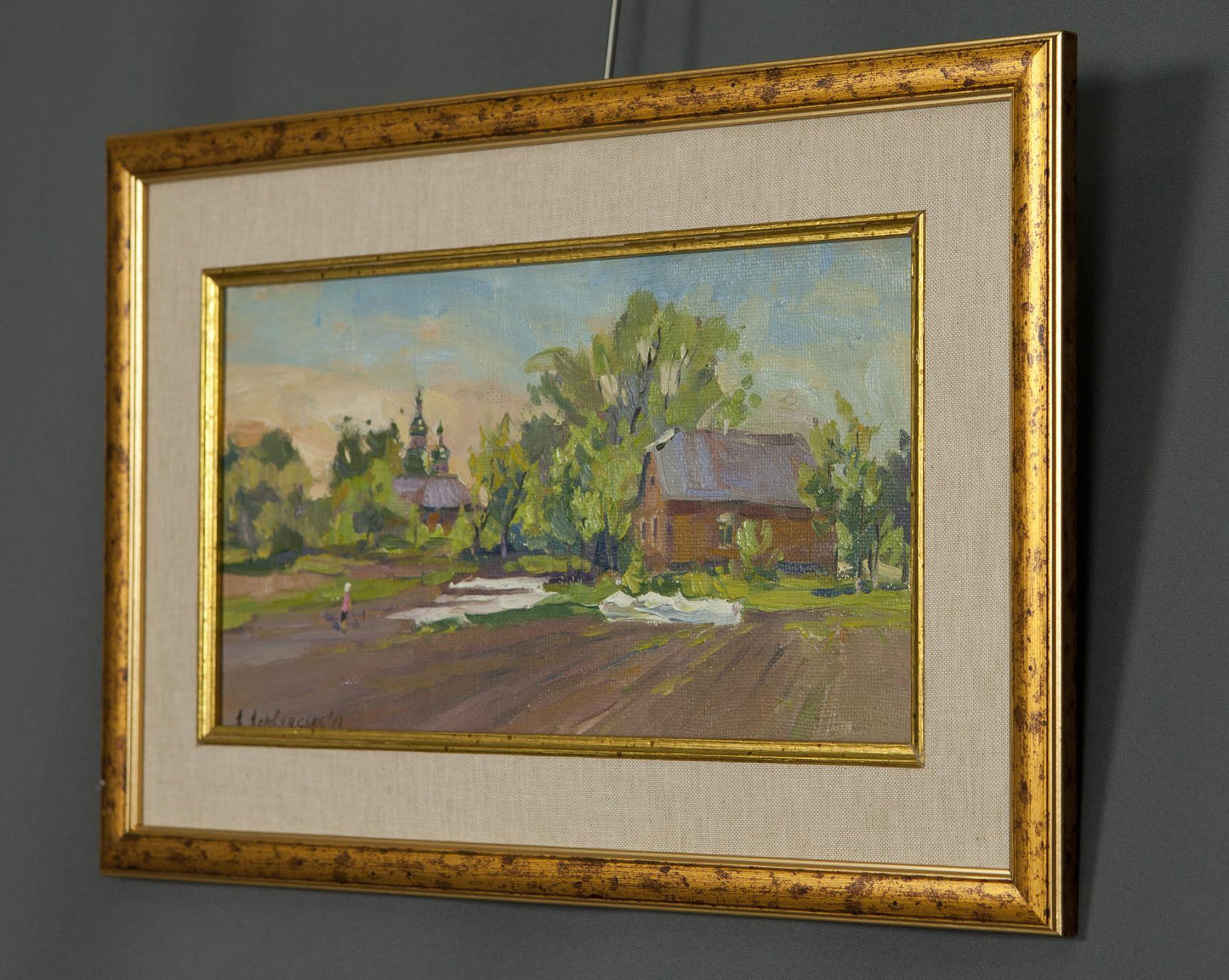 Oil painting Good morning by A. Varvyanskaya in gold frame, rustic village scene