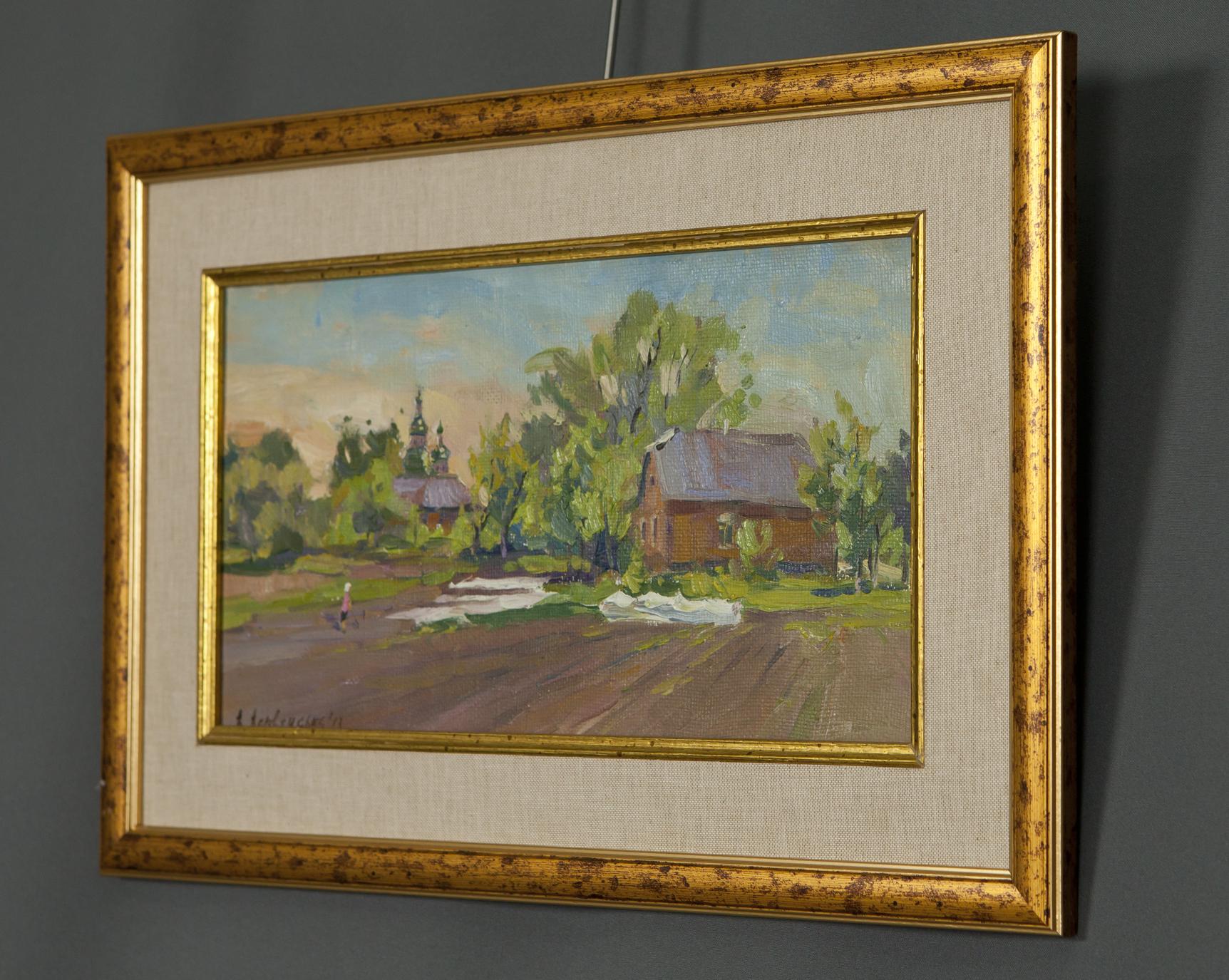 Oil painting Good morning by A. Varvyanskaya in gold frame, rustic village scene