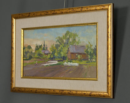Oil painting Good morning by A. Varvyanskaya in gold frame, rustic village scene