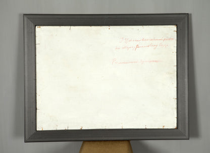 Back of Oil Painting at the Old Fair by Sovit Artist Ivan Tsyupka with gray framed whiteboard and red handwritten text