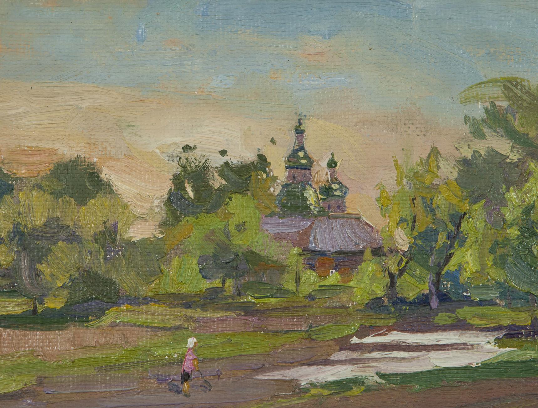 Oil painting Good morning A. Varvyanskaya: rustic church with green gold domes in trees