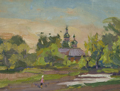 Oil painting Good morning A. Varvyanskaya: rustic church with green gold domes in trees