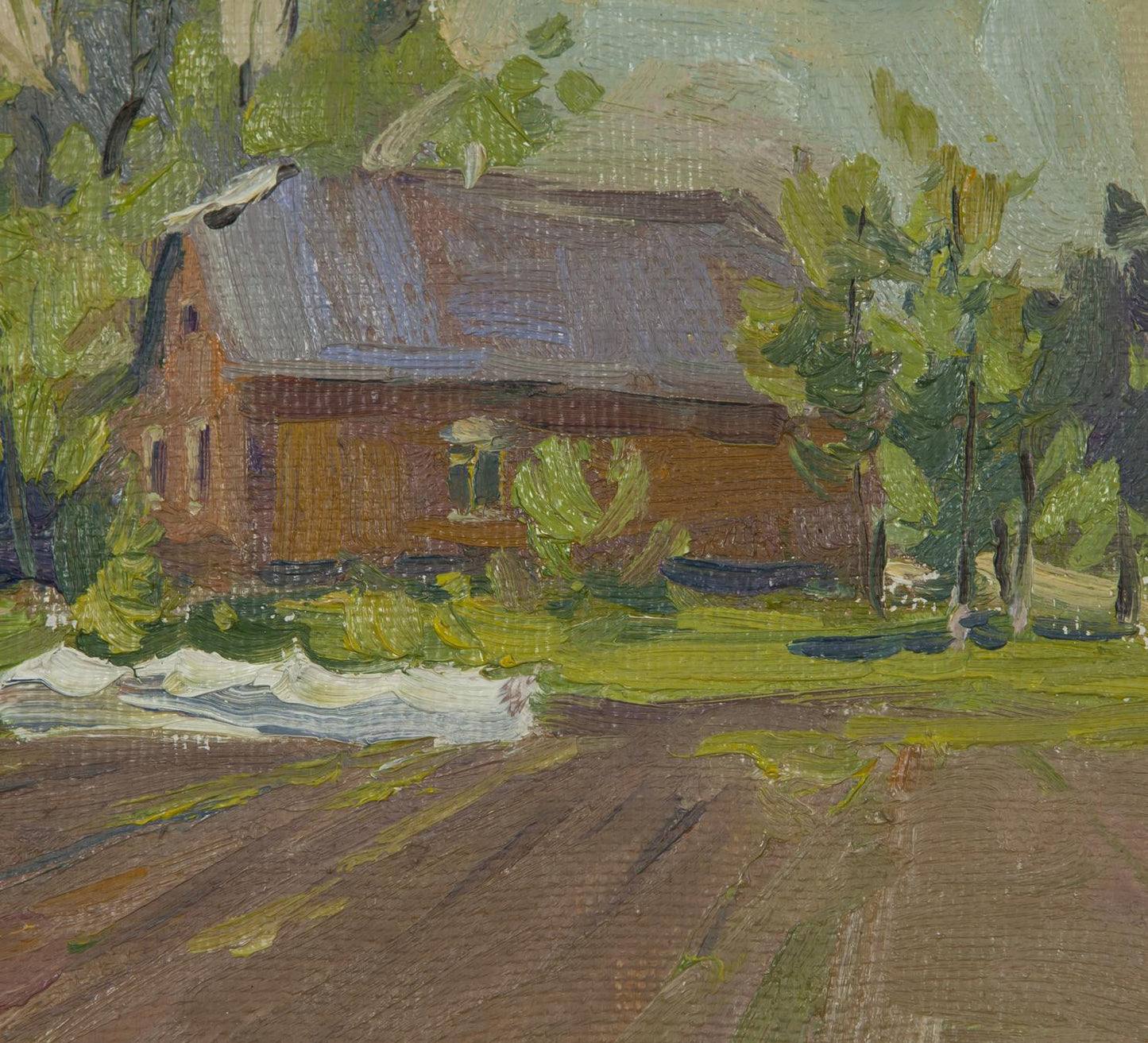 Oil painting Good morning by A. Varvyanskaya: rustic red brick house with gray roof amid trees