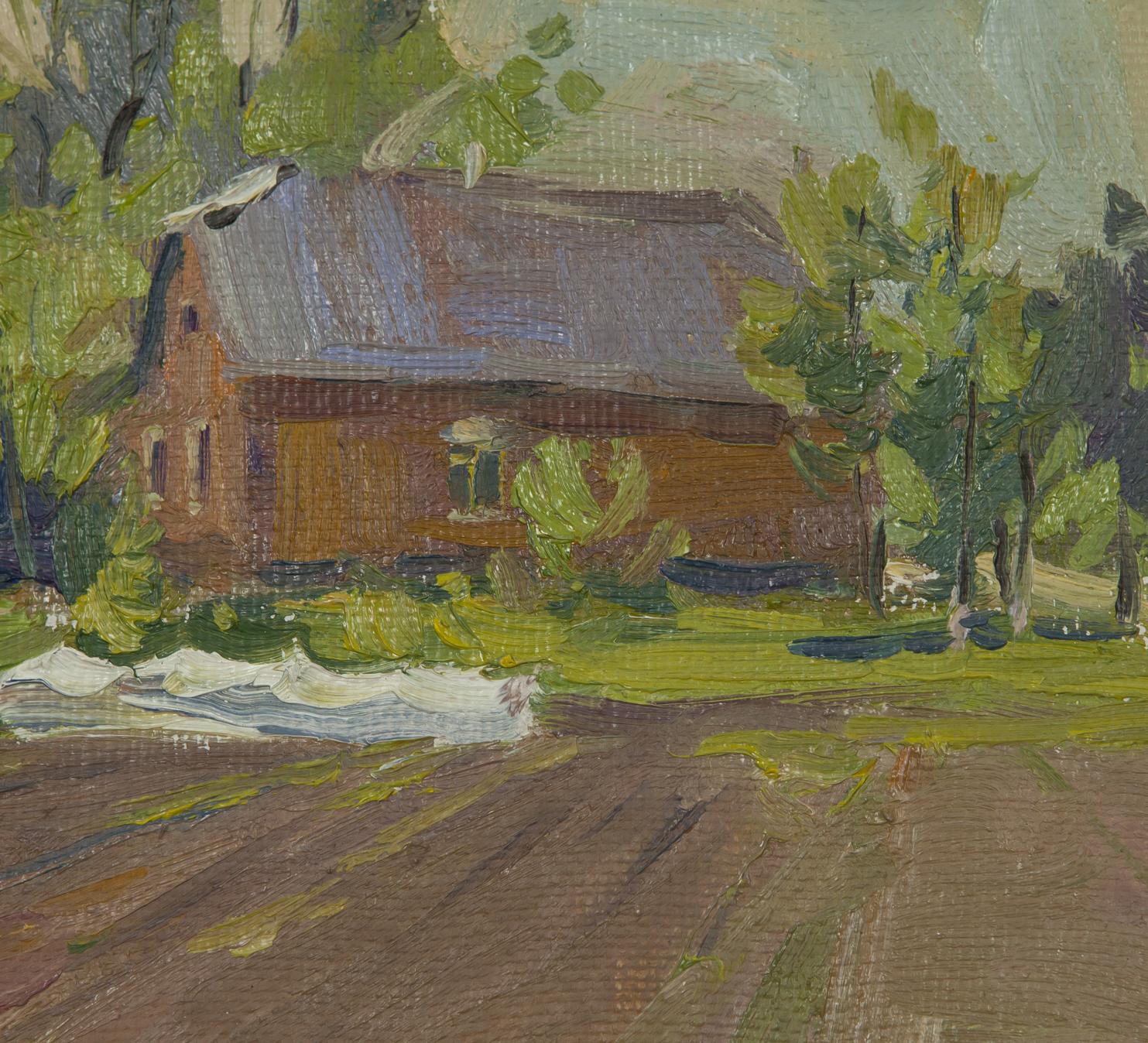 Oil painting Good morning by A. Varvyanskaya: rustic red brick house with gray roof amid trees