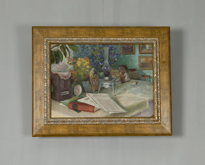 Framed oil painting still life with vibrant flowers books ornate lamp