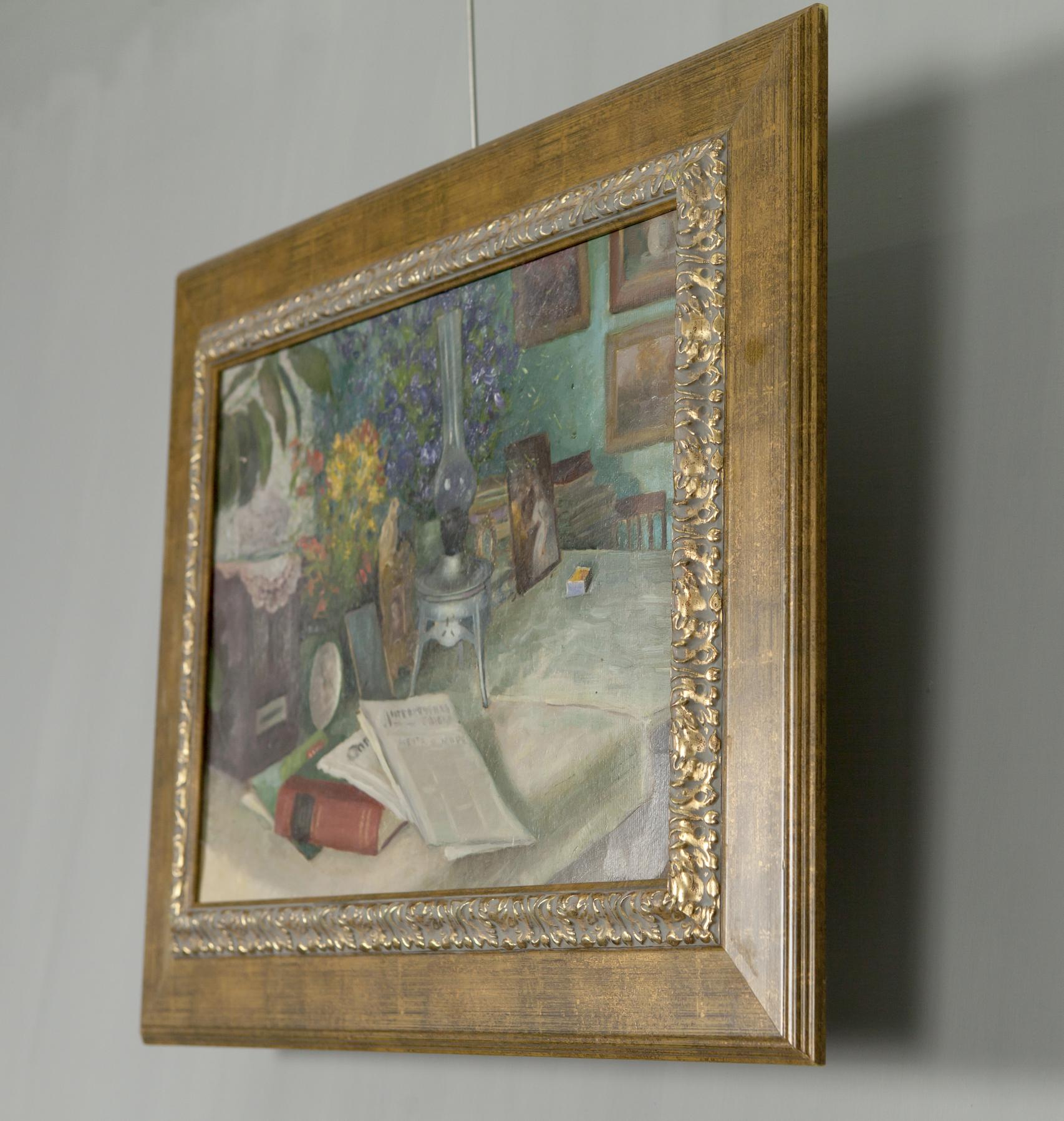 Antique gold-framed oil painting of still life with vibrant flowers books and ornate lamp