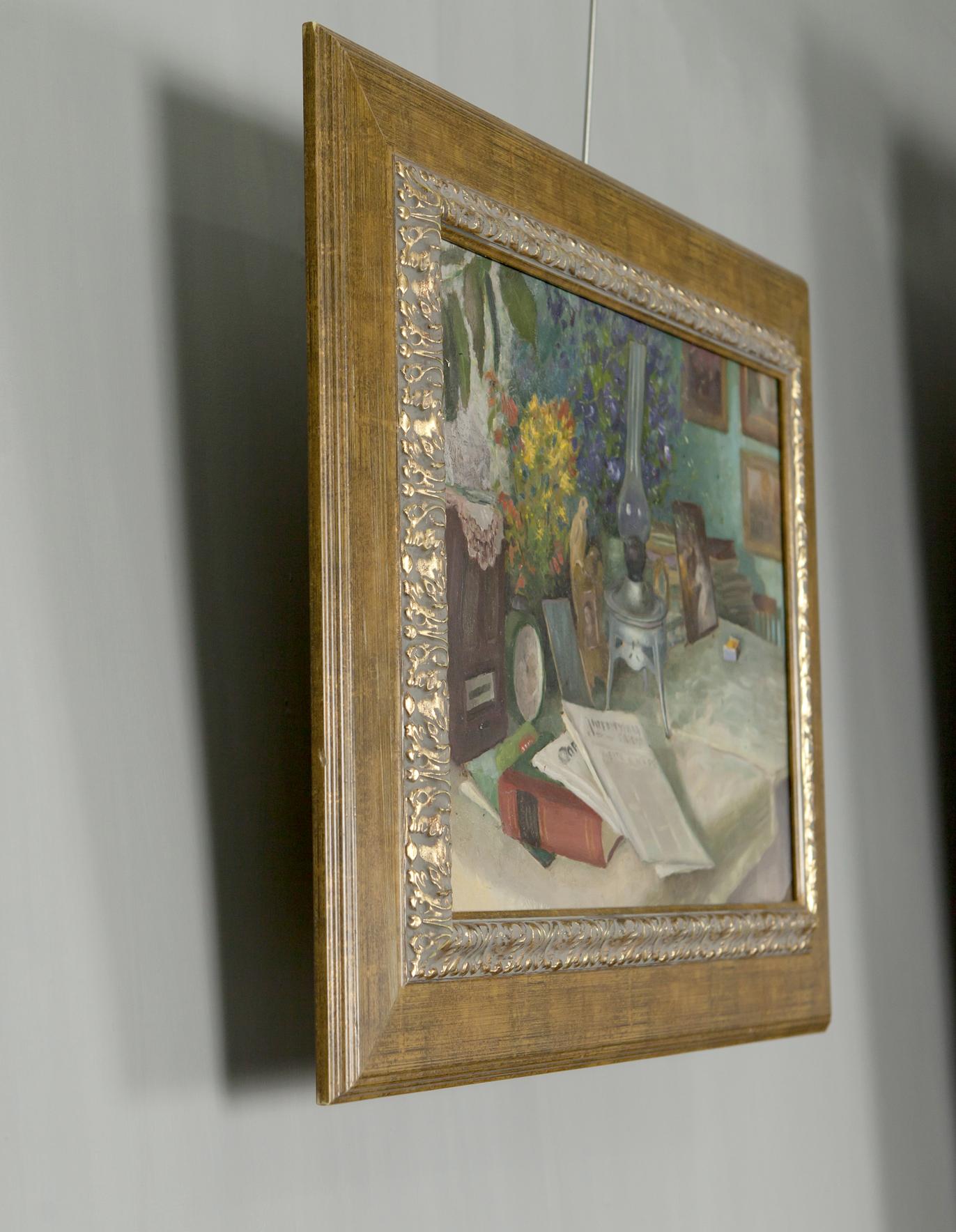 Square gold-framed oil painting of still life with flowers and books on table