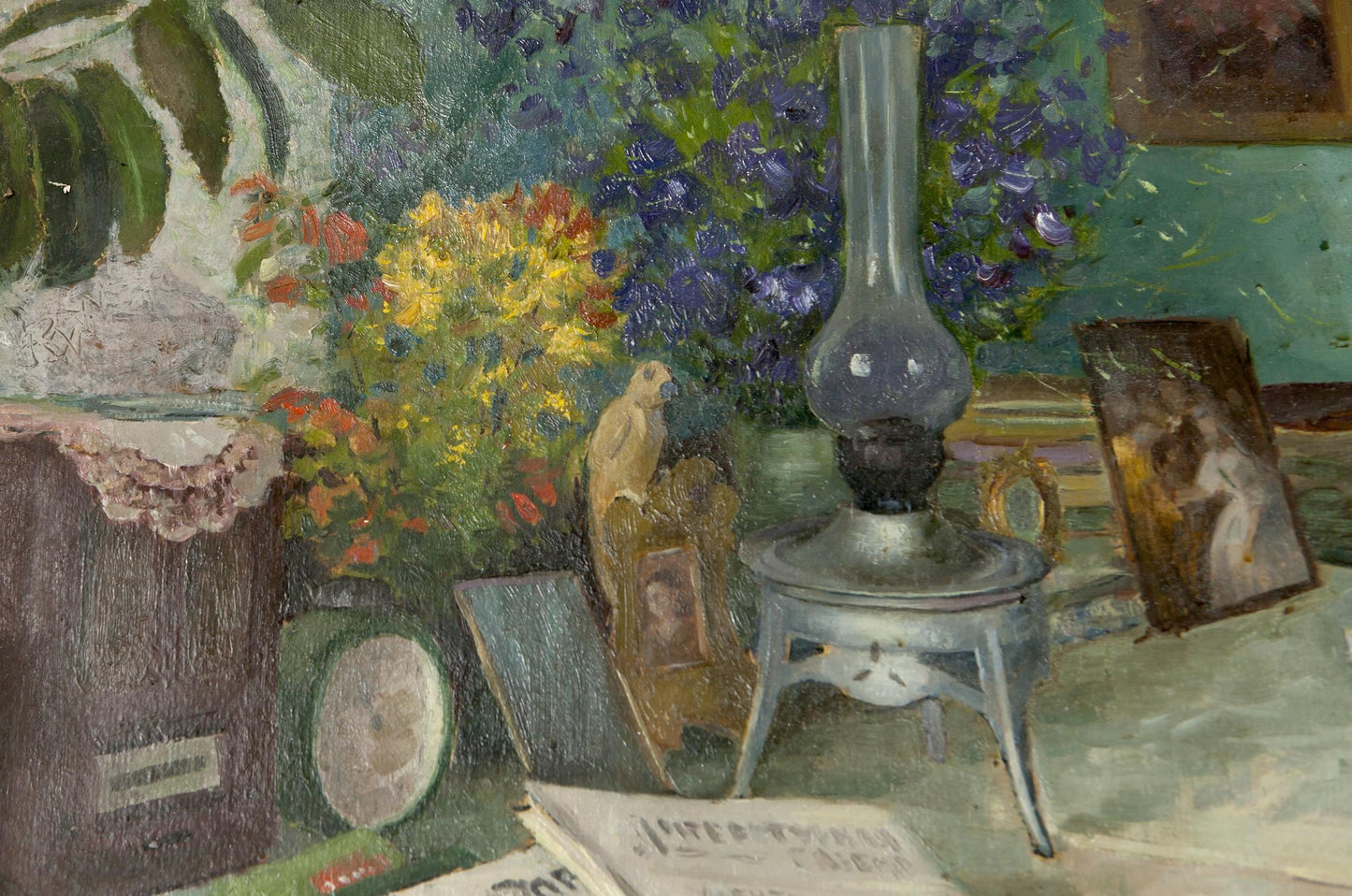 Vintage silver oil lamp in oil painting still life with books food drink flowers