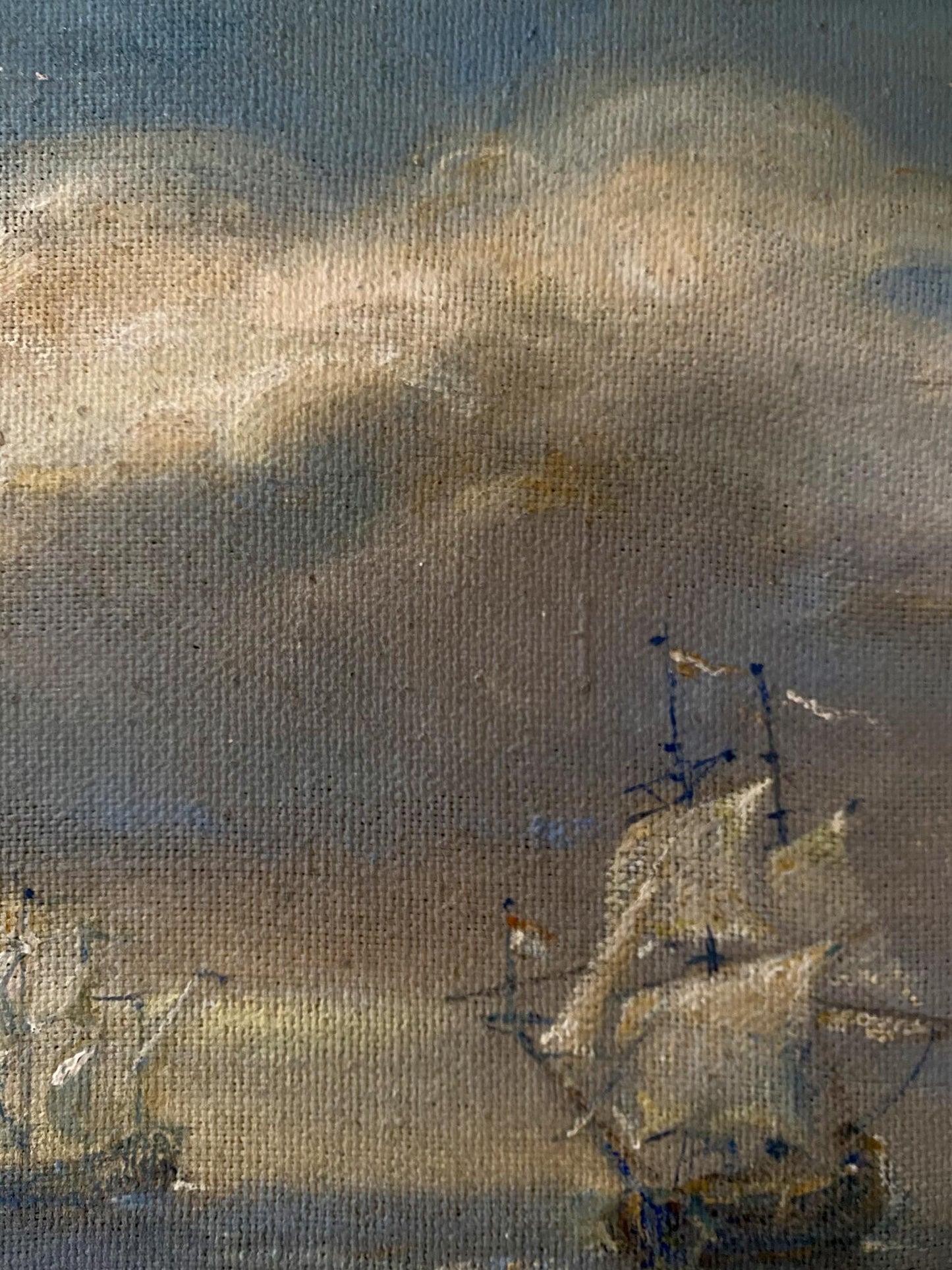 Oil painting Seascape by Litvinov Oleg Arkad’yevich, dramatic ships under cloudy sky