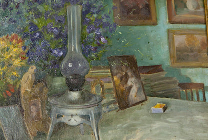Tall clear glass oil lamp with black base in still life painting