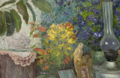 Translucent glass oil lamp with dark base in still life painting