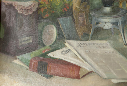 Red leather book with gold lettering open on papers and green books in oil painting still life