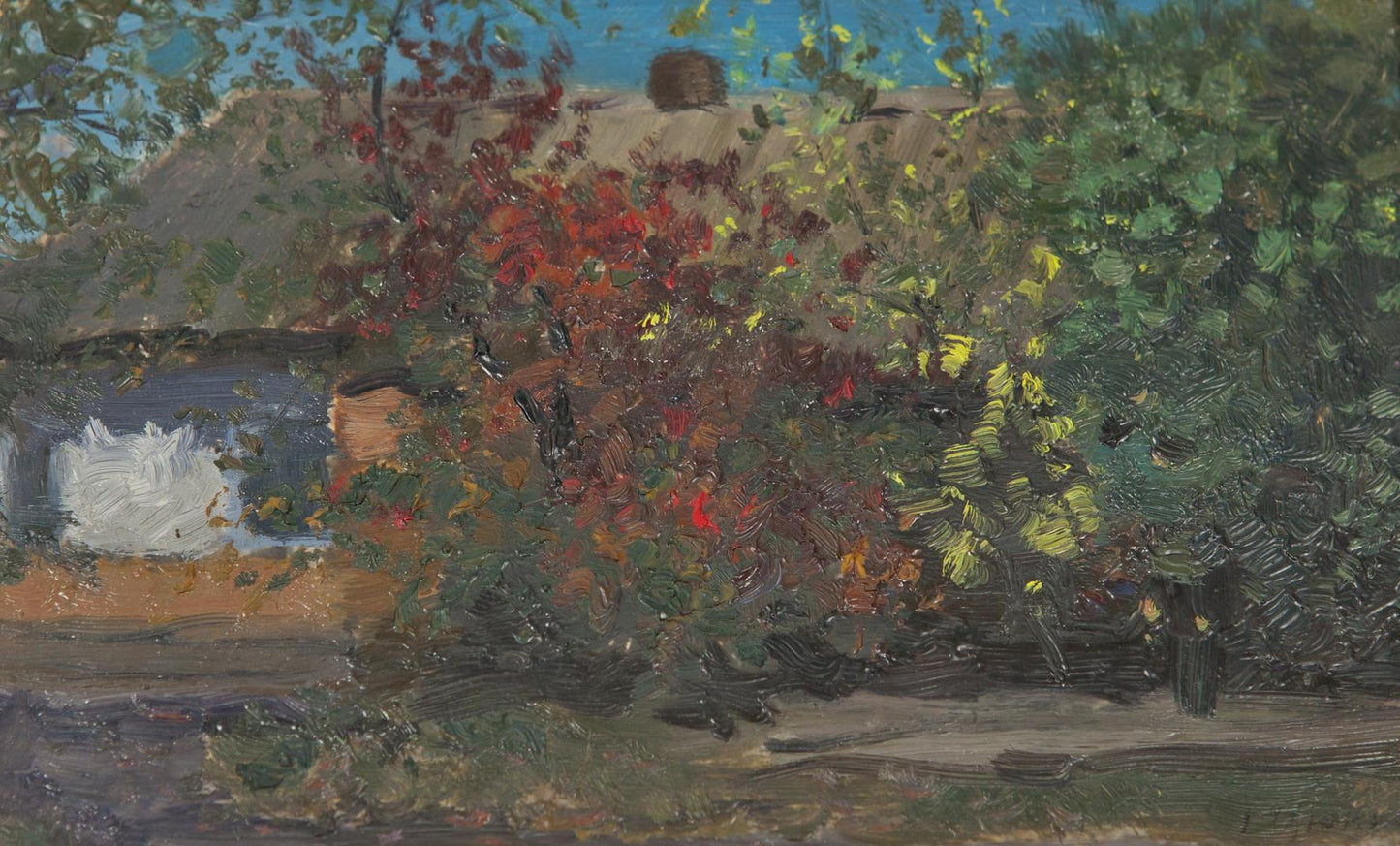 Oil painting of rustic thatched cottage in autumn foliage by Ivan Kirillovich Tsyupka