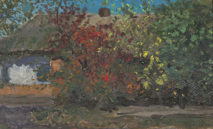 Oil painting of rustic thatched cottage in autumn foliage by Ivan Kirillovich Tsyupka
