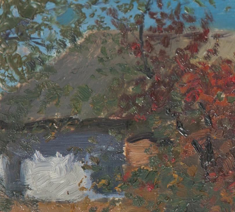 Oil painting Old house by Ivan Kirillovich Tsyupka with autumn foliage and pond