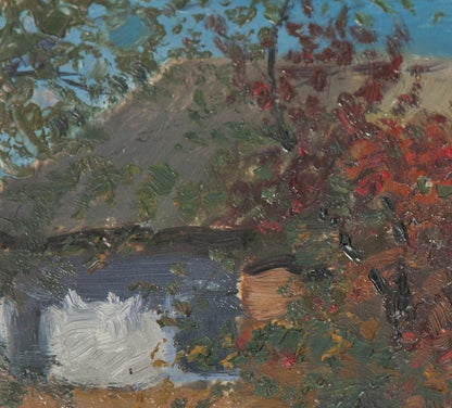 Oil painting Old house by Ivan Kirillovich Tsyupka with autumn foliage and pond