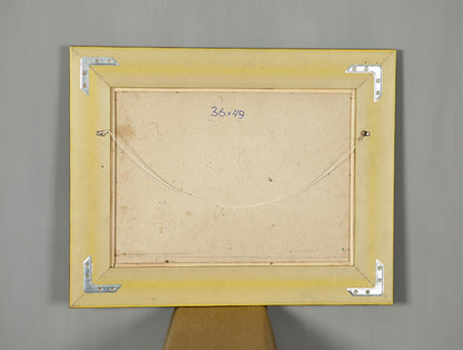 Back of yellow rectangular frame with silver brackets for oil painting still life