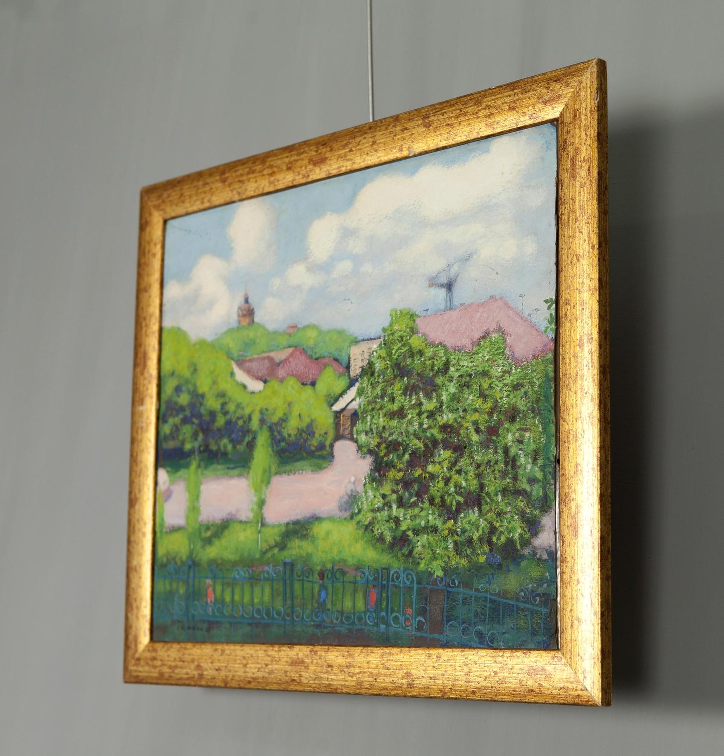 Oil painting summer landscape in village, square golden frame, pastoral trees houses cloudy sky
